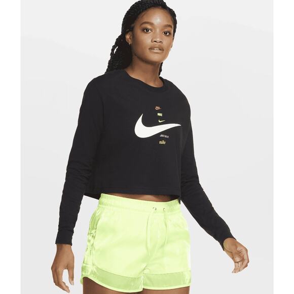 Nike Tops - Nike The Nike Tee Crop Long Sleeve Logo Nike Swoosh Black T-Shirt Women Sz S